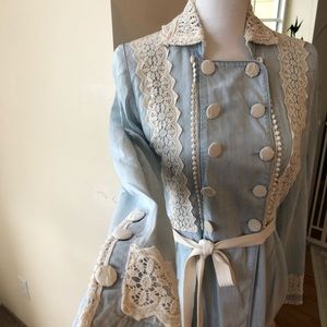 Embroidered slim long denim jacket